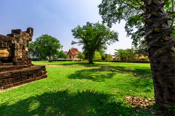 Fototapeta na wymiar Background of old sculptures in Prasat Hin Phanom Wan, there are old Buddha statues installed within the park, allowing tourists to study the history of the Korat area, Thailand.