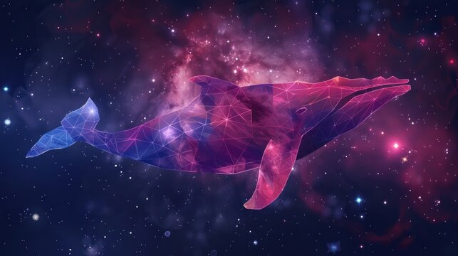 Hipster polygonal whale silhouette on outer space background. AI generated