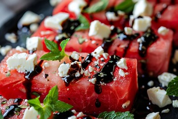 A refreshing watermelon salad with feta cheese, mint and a balsamic glaze. - obrazy, fototapety, plakaty