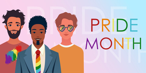 LGBTQ community represented by diverse people with rainbow colored accessories. Pride month celebration. Sexual freedom, love and diversity concept. Gays persons. Flat vector
