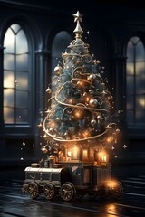 3d render of a Christmas tree on a train in a dark room