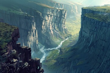 A rugged valley landscape with sheer cliffs and winding rivers at the bottom. - obrazy, fototapety, plakaty