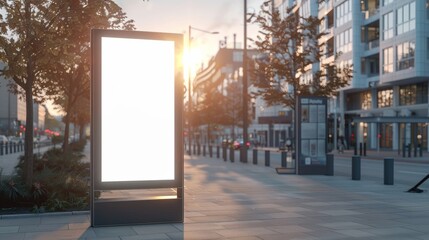 Blank mockup of a futuristic outdoor kiosk with augmented reality capabilities for an immersive experience. .