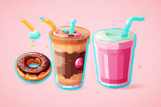 pixel illustration image with Drinks and Donut