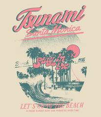 women's vintage summer beach vector graphic tee, tropical retro typography slogan text print, a tsunami in Santa Monica beach, surfboard with surfing vibe big waves, sunshine beach resort t-shirt, - obrazy, fototapety, plakaty