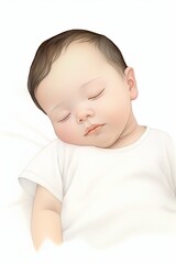 A watercolor illustration of  A sleeping baby wearing a white shirt