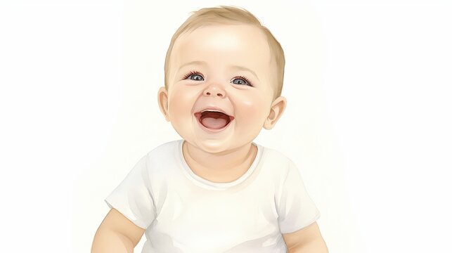 A realistic painting of a happy baby with blue eyes and blond hair wearing a white shirt
