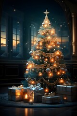 Christmas tree with gifts in the interior of the house. 3d illustration