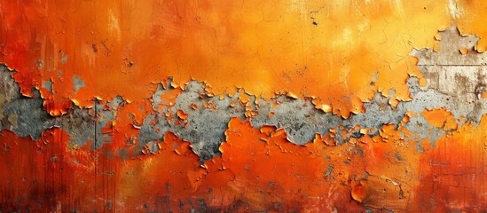 Orange and grey artwork showing signs of wear with peeling paint, a textured surface in need of restoration