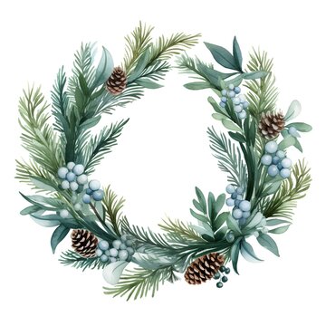Watercolor Christmas wreath with fir branches, pine cones and berries. Hand painted illustration.