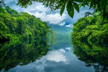 A lake surrounded by lush forests with reflections of trees and clouds in still water