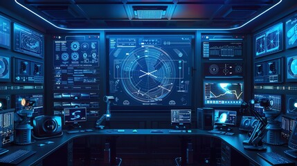 Fototapeta premium wide banner of security CCTV cameras and guard monitoring screen hud UI for advanced surveillance secure protection system and recording tape archive with online network IP connection