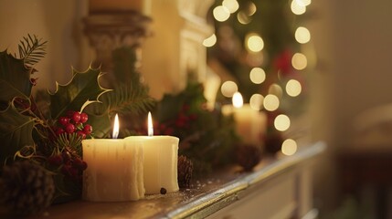 Defocused flickering candles and mantelpiece adorned with holly and pinecones accompanied by a soft melody of holiday music setting a peaceful and magical scene for celebrating the .