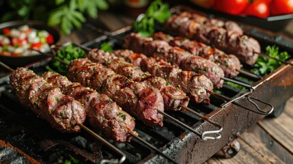 Top view of appetizing grilled meat placed on a metal grate. Shish kebab on the grill.