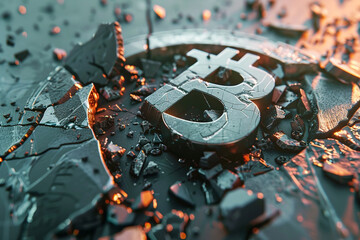 Bitcoin symbol shattered into pieces 3D illustration - obrazy, fototapety, plakaty