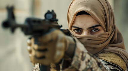 Woman in hijab aiming a rifle intently.