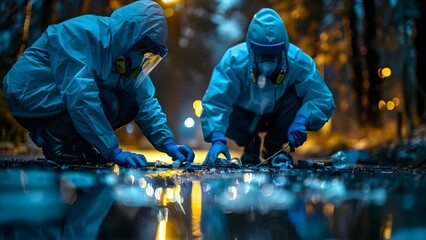Detective team collects evidence at crime scene for homicide investigation. Concept Crime Scene Investigation, Evidence Collection, Homicide Investigation, Detective Team, Forensic Analysis - obrazy, fototapety, plakaty