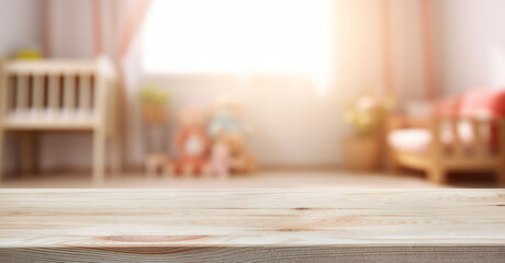 Empty wooden table in baby room interior