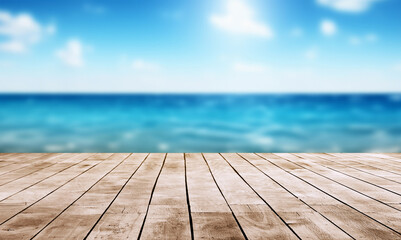 Wood table top on blur summer blue sea and sky background - can be used for display or montage your...