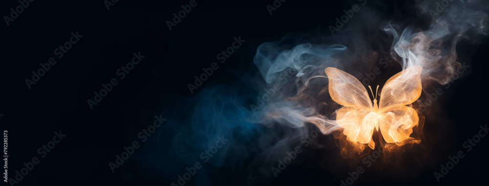 Wall mural shining butterfly from paper on a dark background with gradient warm and cold smoke. magical creatur