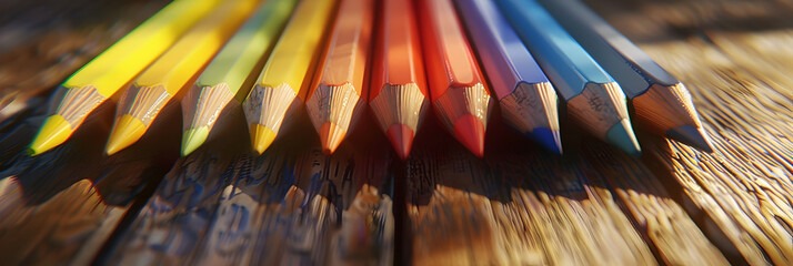 Multi colored pencil colors on wood education in vibrant rainbow backgrounds,Vibrant Colored Pencils Lined Up on Rustic Wooden Background - Powered by Adobe