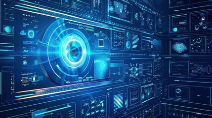 Portrait of security guard in front of in video wall in security control room