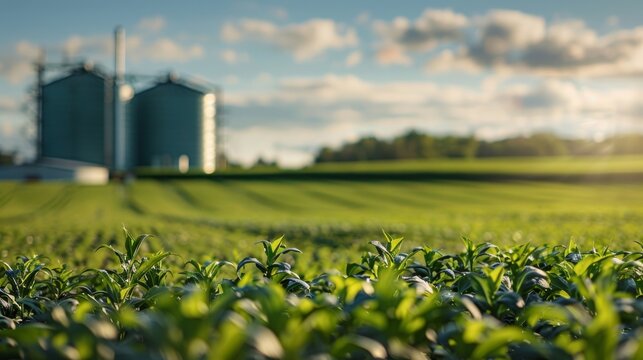 A rural farm with fields of crops stretching into the distance while a biogas plant can be seen in the background. The plant utilizes organic waste from the farm and surrounding areas .