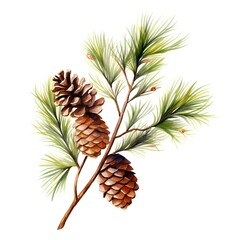 Watercolor pine branch with cones. Hand painted illustration isolated on white background