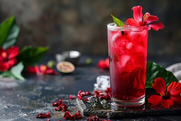 bright red iced hibiscus tea Decorated with hibiscus flowers