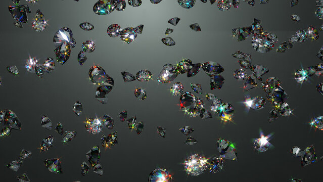 Many sizes shiny and transparency diamonds scattered on the gray gradient background as 3d modeling objects and materials.