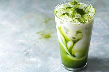 Iced matcha tea in a tall glass with milk. Sprinkle with matcha powder.