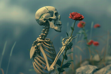 blooming flowerwithering skeleton growing from the same stem surrealist art 3D animation Unique