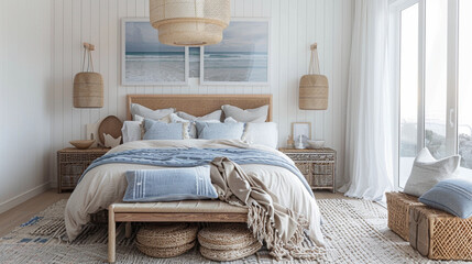 Natural coastal interior bedroom, cane bed blue and white patterned 
