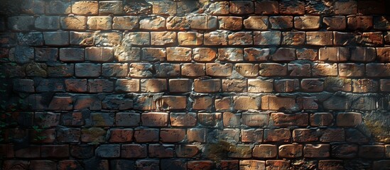 Detailed view of a rustic brick wall with a lone tree in the background providing a serene contrast