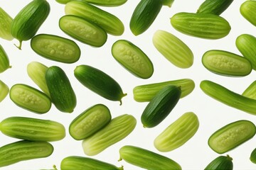 'marinated pickled cucumber isolated white background pickle gherkins green sour food salty vinegar epicure vegetarian single closeup healthy health vegetable crunchy organic eat snack ingredient'
