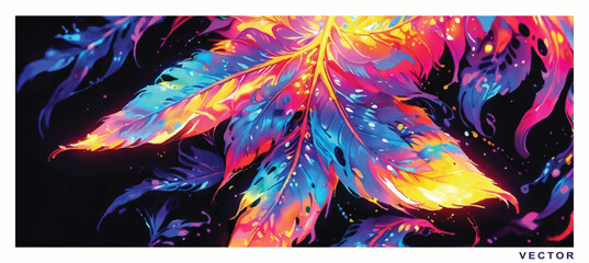 Neon Voyage. Navigating the Futuristic World with Dazzling Glow Feathers. Vector Background Illustrations.