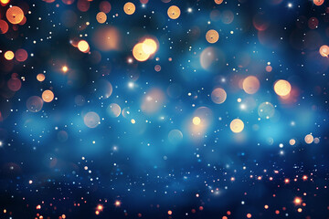 bokeh background, showcasing a myriad of twinkling lights against a deep twilight blue. The lights appear as soft, blurred orbs, varying in size and intensity - obrazy, fototapety, plakaty