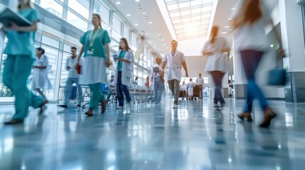 Hazy background of a bustling hospital lobby with doctors and nurses in sharp focus representing the growing demand for efficient and patientcentered care in NextGeneration healthcare. . - obrazy, fototapety, plakaty