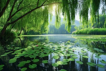 A pond surrounded by willow trees - obrazy, fototapety, plakaty