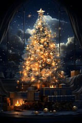 Christmas tree with gifts in the window at night. 3d illustration
