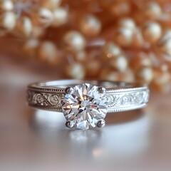 Exquisite Diamond Engagement Ring with Delicate Floral Engraving and Sparkling Gemstones