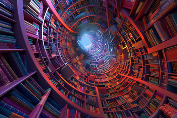 boundless librarysingle unread book existing in an infinite loop surrealist art 3D animation Unique - obrazy, fototapety, plakaty