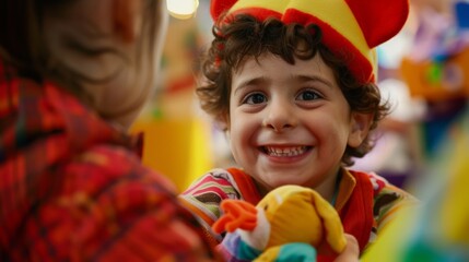 Closeup of a childs face eyes wide with wonder and joy as they receive a new toy from a volunteer dressed as a beloved cartoon character at a community event. . - obrazy, fototapety, plakaty