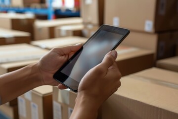 Closeup hands of a businessman working with a tablet in the warehouse. Generate AI image