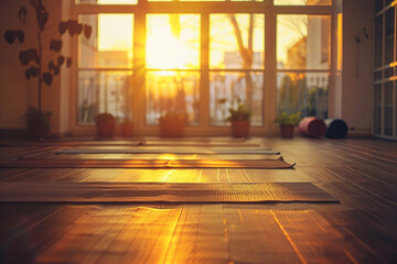 Calm yoga studio at sunrise mats laid out zen atmosphere 