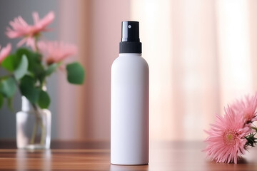 Stylish setting spray bottle mockup for locking makeup in place all day