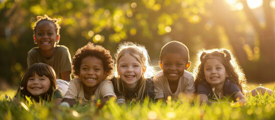 A group of happy children from different races lie on the grass in front, looking at the camera on a sunny day with a park background in bright colors - Powered by Adobe