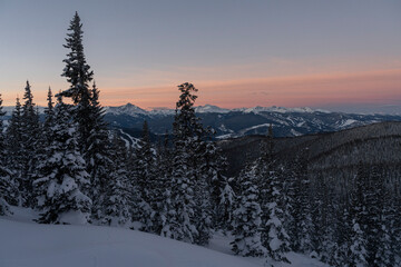 a snowy sunrise in the forest in winter