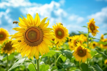 Sunflower field under the bright blue sky with bees flying among the flowers