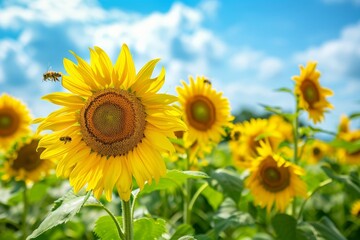 Fototapeta premium Sunflower field under the bright blue sky with bees flying among the flowers